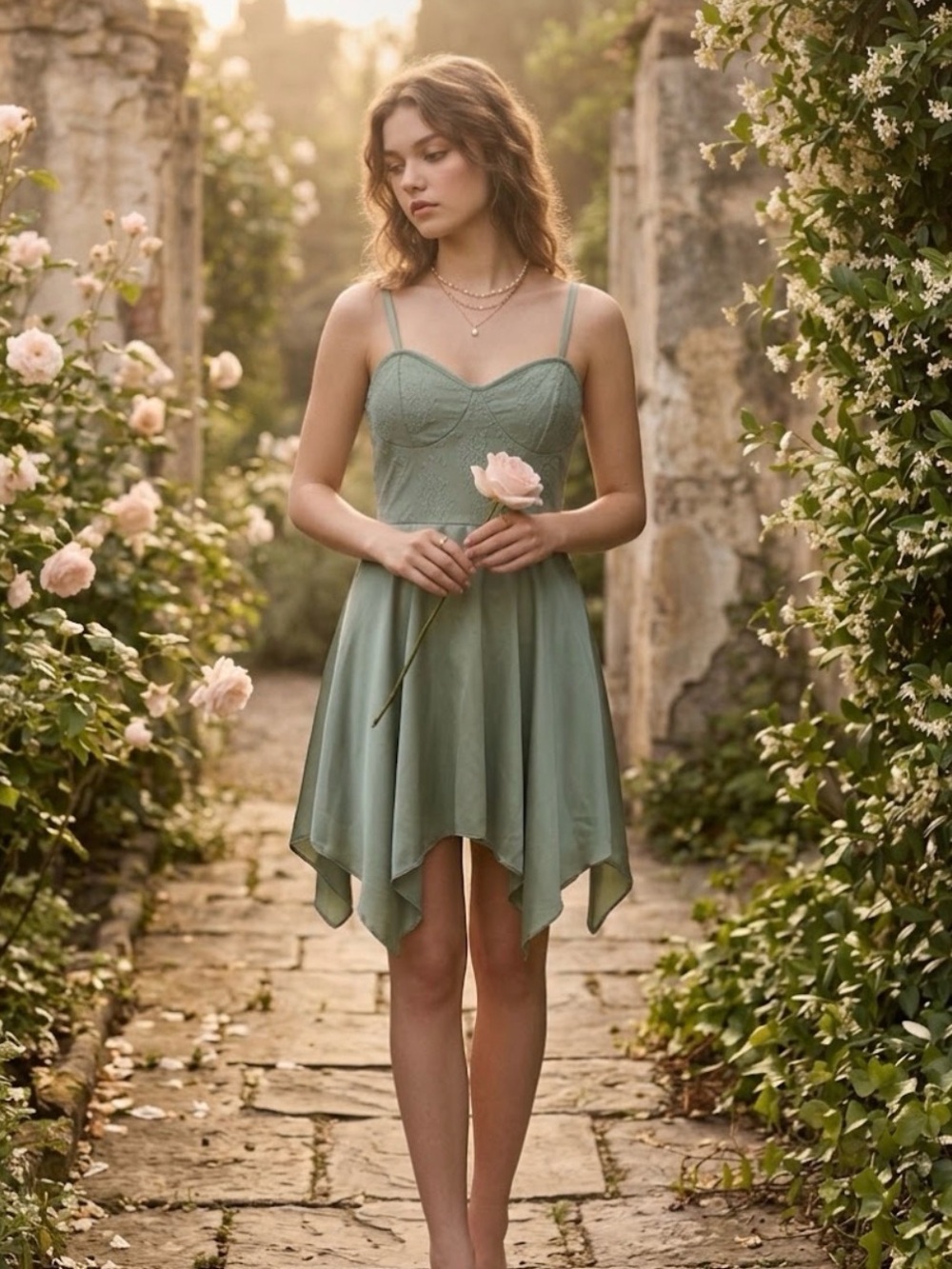 NEW Fairycore Slip Dress Lace Sage Green Satin Sharkbite Hem Babydoll Romance L